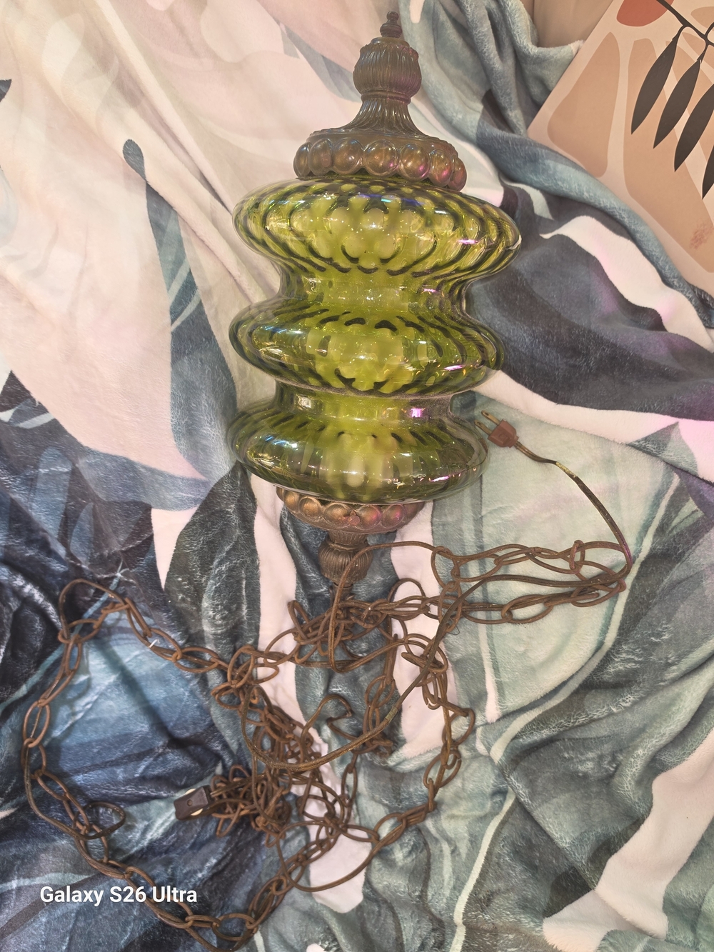Vintage Green Swirl Glass Hanging Lamp